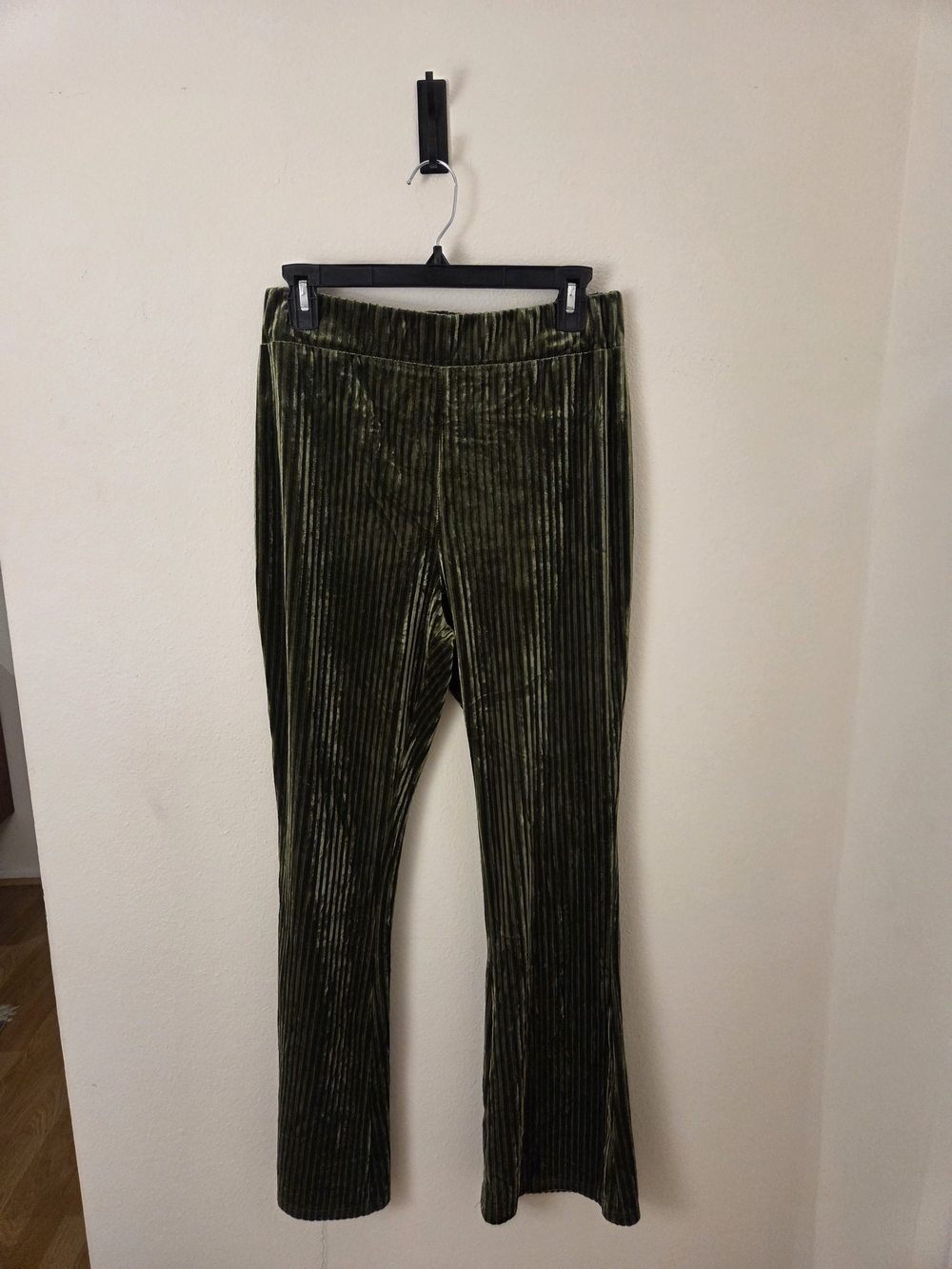 Olive Green Velvet Ribbed High Waisted Flare Pants